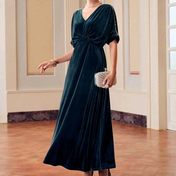 VELVET V-NECK BATWING SLEEVE FAUX PEARL TRIM LONG DRESS - Picture 1 of 5